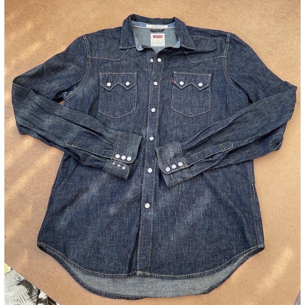 Levis Mens Slim Fit Western Denim Shirt Dark Wash Pearl Snap Indigo Large